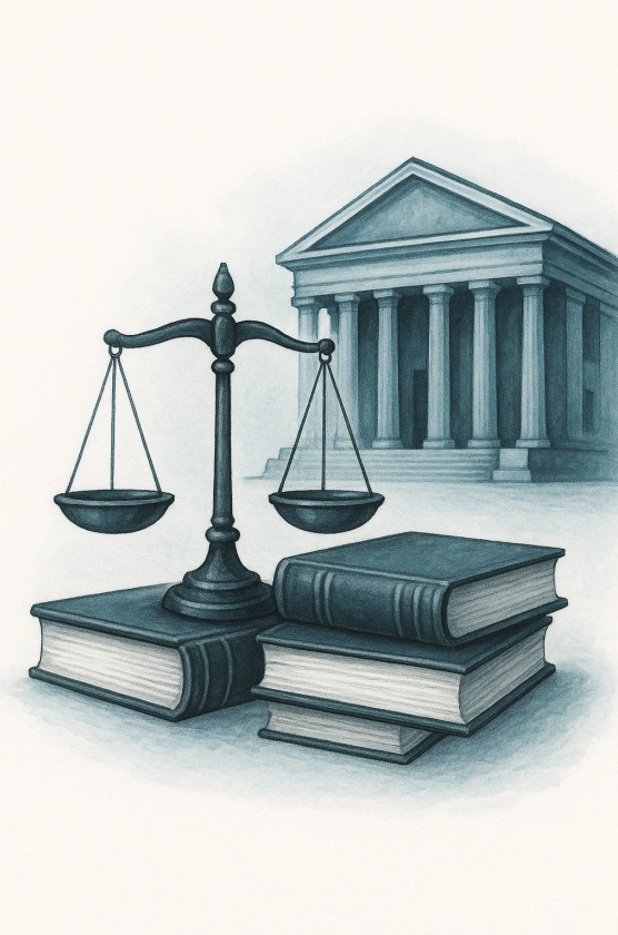 Legal expertise concept: law books, scales, and courthouse